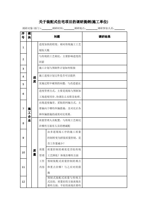 关于装配式住宅项目的调研提纲(施工单位)