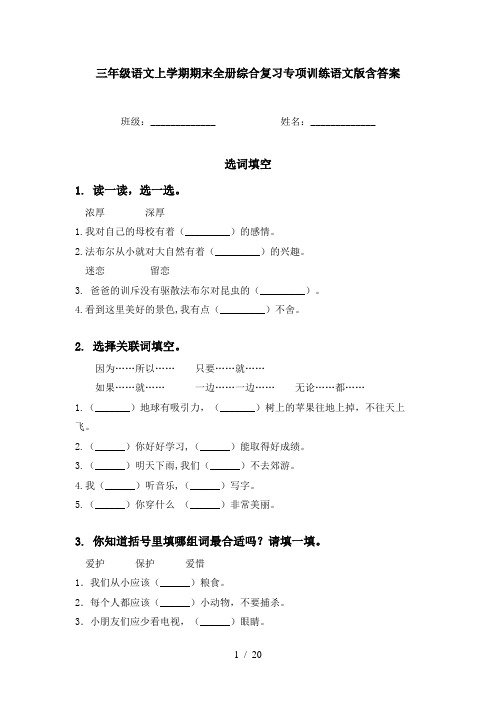 三年级语文上学期期末全册综合复习专项训练语文版含答案