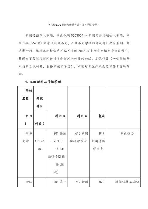 各院校MJC闻与传播考试科目学硕专硕