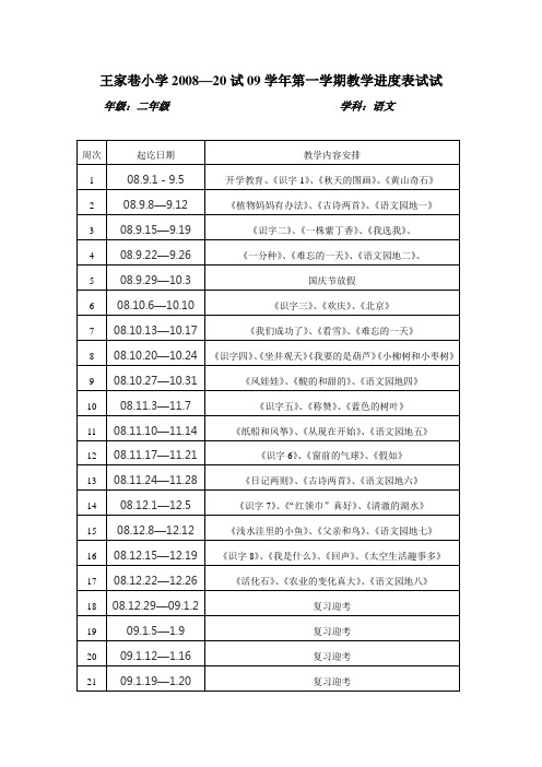 二年级语文周次安排表