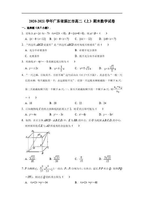 广东省湛江市2020-2021学年高二上学期期末调研考试数学试卷 PDF版含答案 