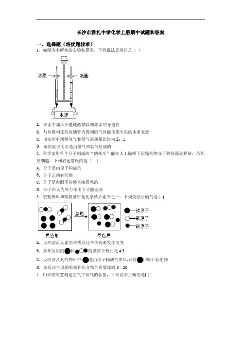 长沙市雅礼中学初三化学上册期中试题和答案