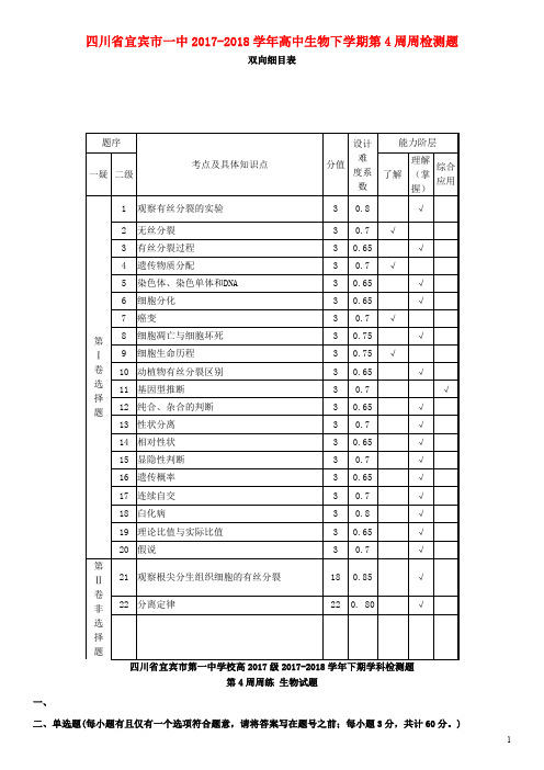 四川省宜宾市一中2017_2018学年高中生物下学期第4周周检测题(无答案)