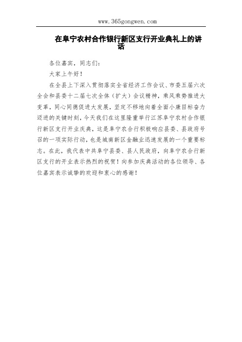 在阜宁农村合作银行新区支行开业典礼上的讲话