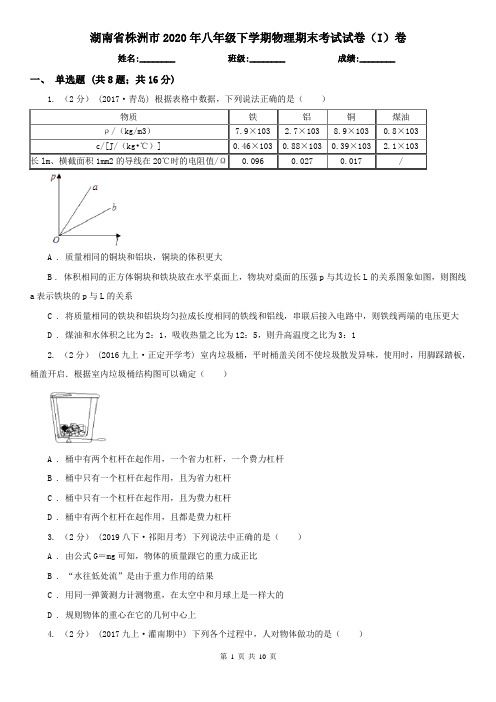 湖南省株洲市2020年八年级下学期物理期末考试试卷(I)卷