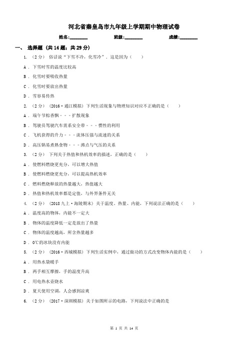 河北省秦皇岛市九年级上学期期中物理试卷