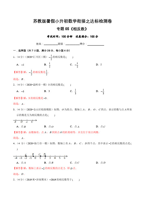 相反数达标检测卷—暑假小升初数学衔接之达标检测卷(解析版)(苏教版)