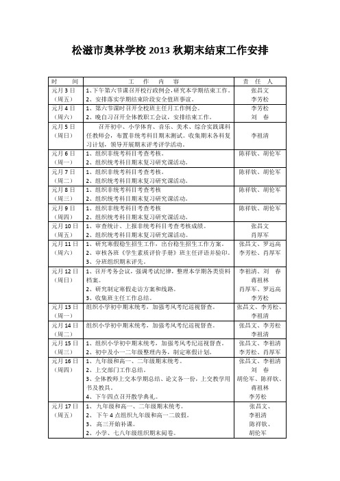 松滋市奥林学校2013秋期末结束工作安排