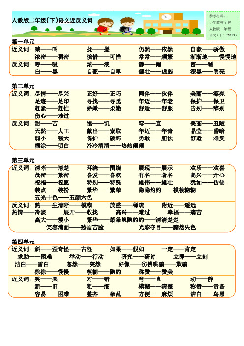 人教版二年级下语文《近反义词》总汇