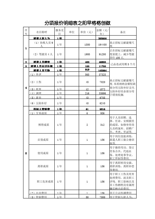 劳务派遣标书分项报价明细表