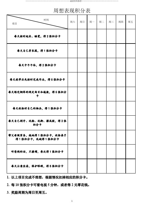 儿童在家表现表现积分表精编版