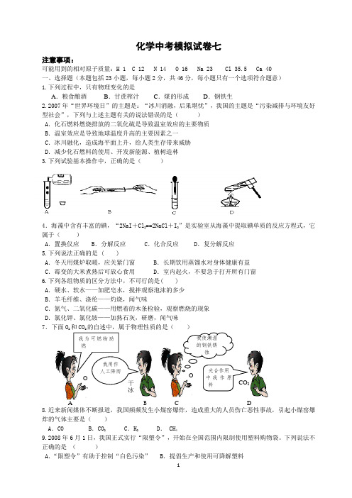 化学中考模拟试卷七