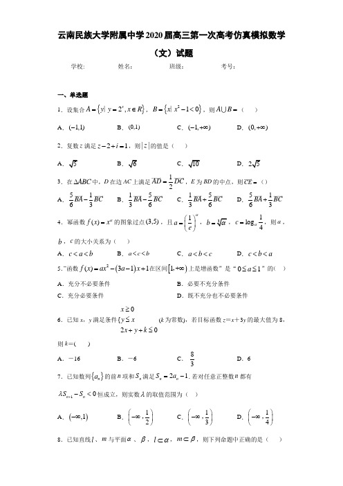 云南民族大学附属中学2020届高三第一次高考仿真模拟数学(文)试题