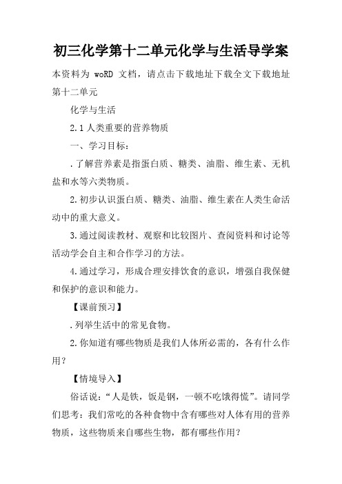 初三化学第十二单元化学与生活导学案