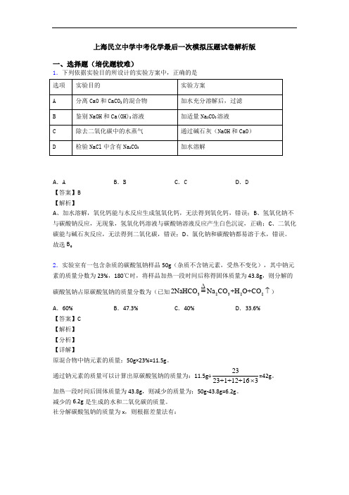 上海民立中学中考化学最后一次模拟压题试卷解析版