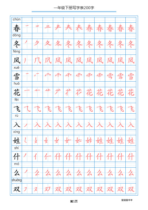 部编版一年级语文下册 写字表200字共19页