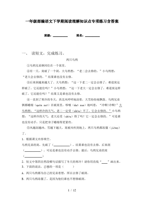 一年级部编语文下学期阅读理解知识点专项练习含答案