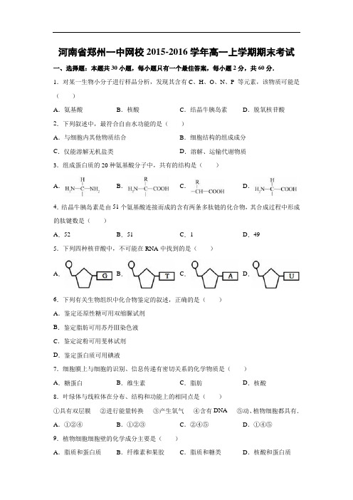 郑州一中网校2015-2016学年高一上学期期末考试生物试题及答案