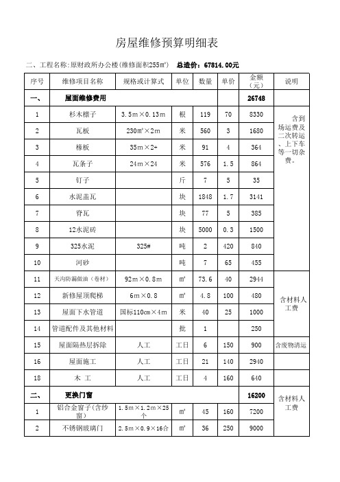 房屋维修预算明细表