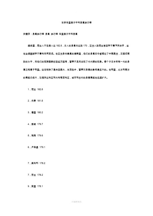 世界各国男子平均身高排行榜