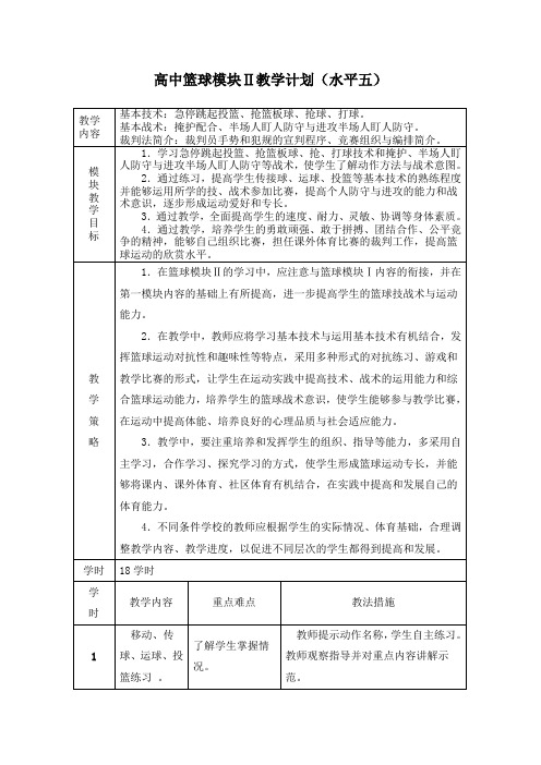 高中篮球模块教学计划(水平五)