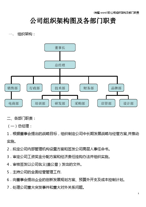 (完整word版)公司组织架构及部门职责