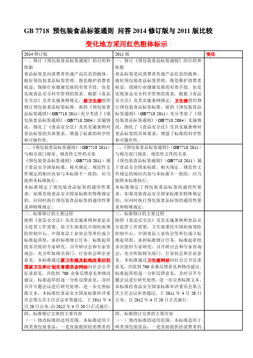 GB 7718 预包装食品标签通则 问答2014修订版与2011版比较