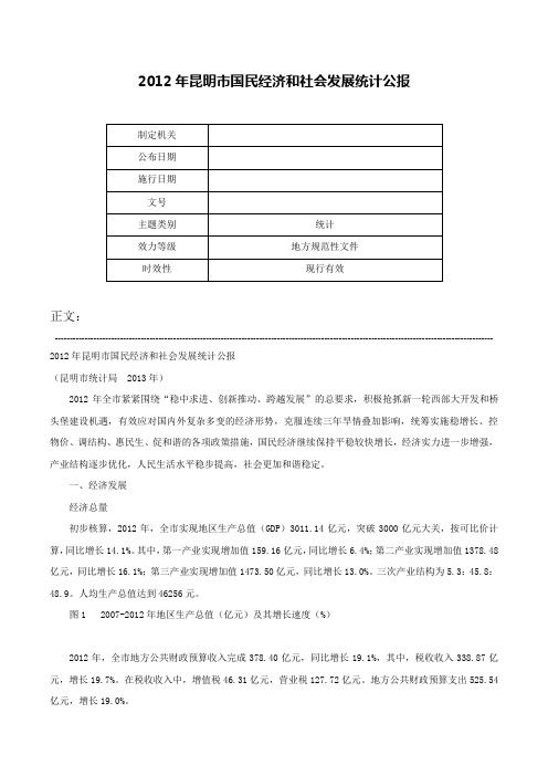 2012年昆明市国民经济和社会发展统计公报-