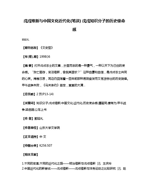 戊戌维新与中国文化近代化(笔谈) 戊戌知识分子的历史使命感