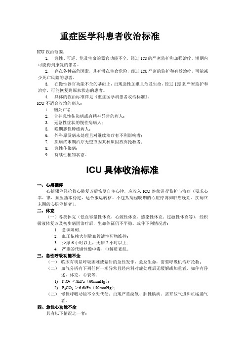 重症医学科患者收治标准