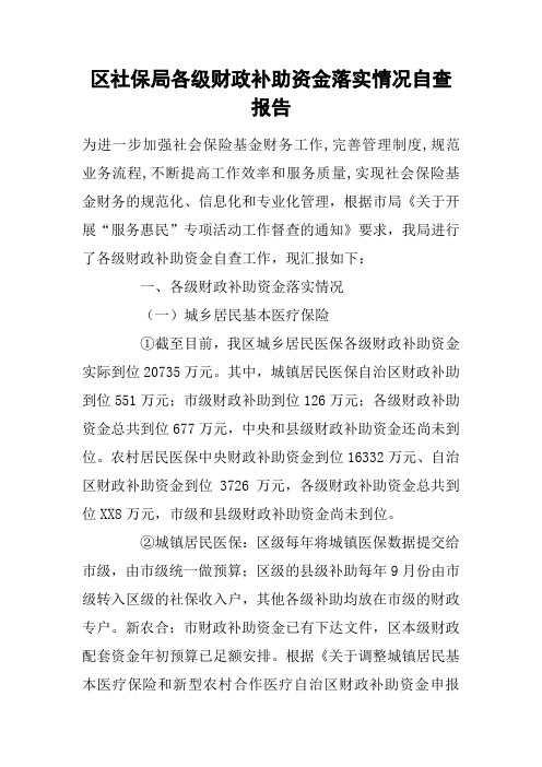 区社保局各级财政补助资金落实情况自查报告