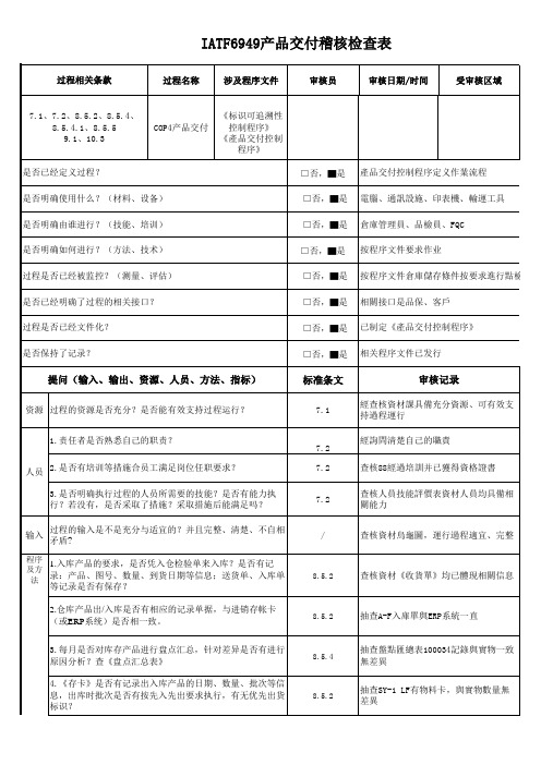 IATF6949产品交付稽核检查表