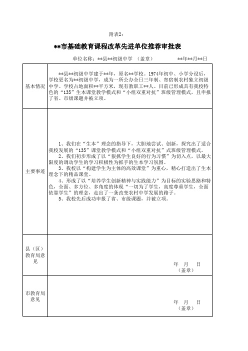 基础教育课程改革先进单位及先进个人推荐审批表