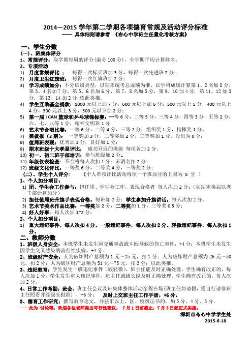 2014-2015学年第二学期各项德育常规及活动评分标准