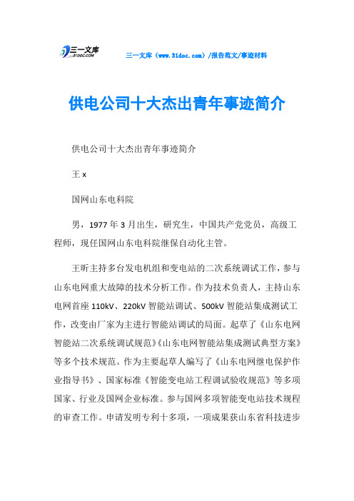 事迹材料供电公司十大杰出青年事迹简介