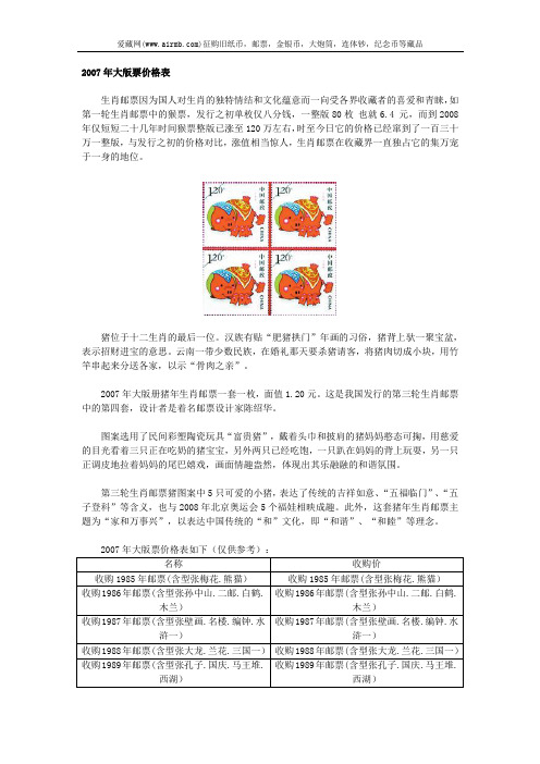 2007年大版票价格表