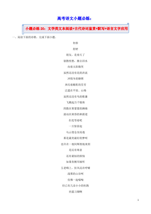 新高考2021届高考语文小题必练20文学类文本阅读+古代诗词鉴赏+默写+语言文字应用(含答案)