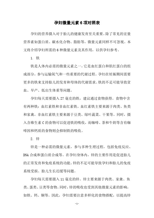 孕妇微量元素6项对照表