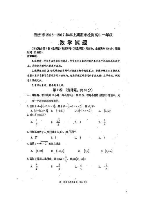 四川省雅安市高一数学上学期期末考试试题(扫描版)