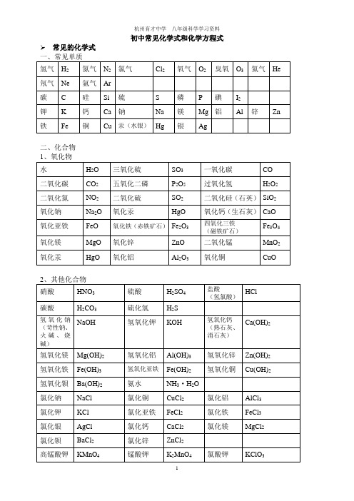 初中常见化学式大全