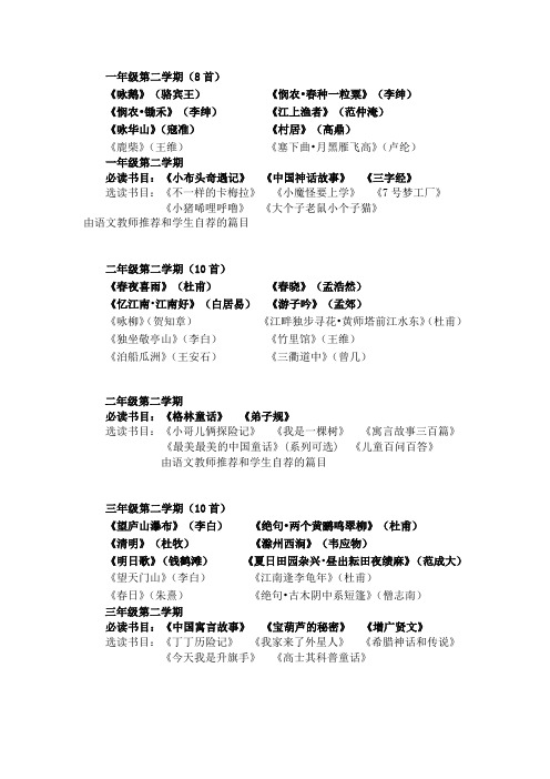 第二学期必读书目及必背古诗