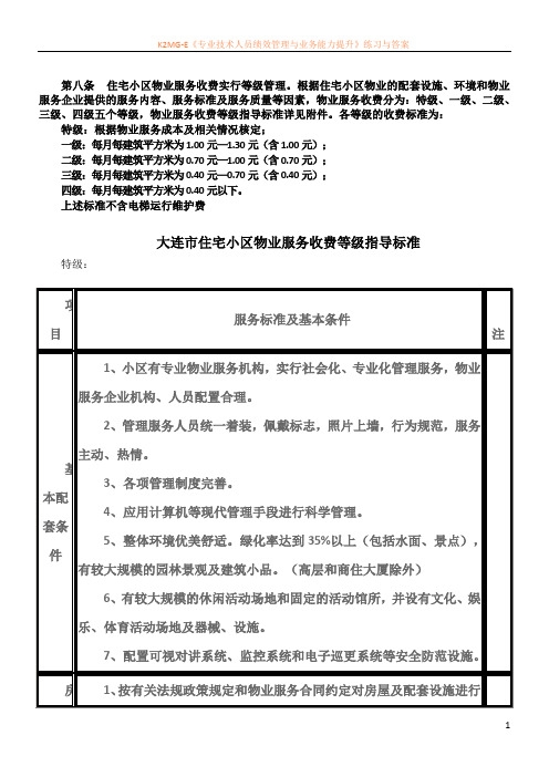 大连市住宅小区物业收费等级标准