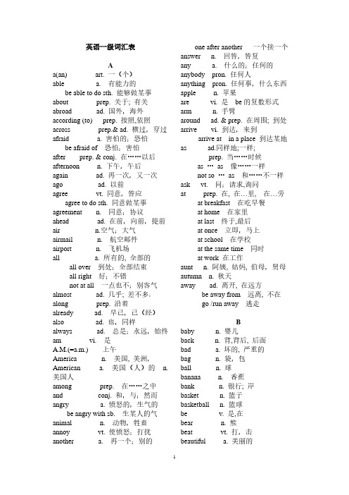 英语一级词汇表