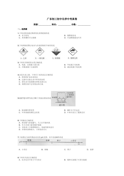广东初三初中化学中考真卷带答案解析
