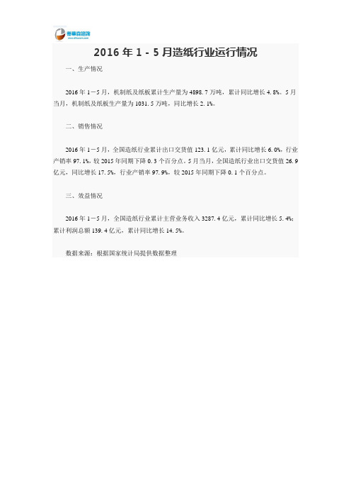 2016年1-5月造纸行业运行情况