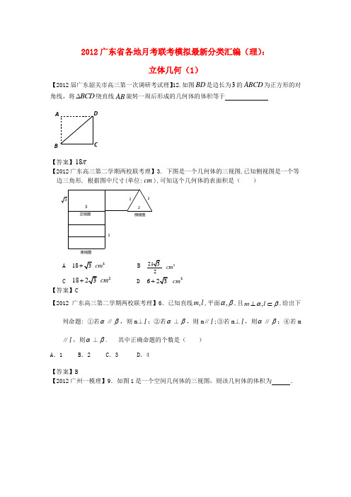 广东省各地高考数学月考联考模拟最新分类汇编12 立体几何1 理