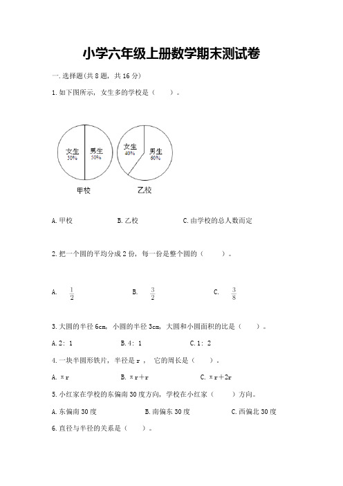 小学六年级上册数学期末测试卷(全优)word版