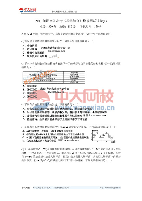 2011年湖南省高考《理综综合》模拟测试试卷(1)-中大网校