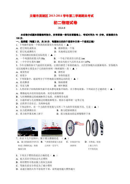 江苏省无锡市滨湖区2013-2014学年第二学期期末考试初二物理试卷
