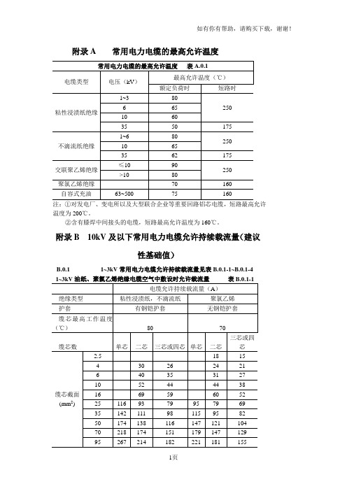 常用电力电缆最高允许温度